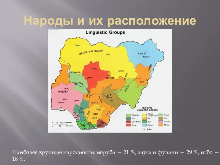 Народы и их расположение Наиболее крупные народности: йоруба — 21 %, хауса