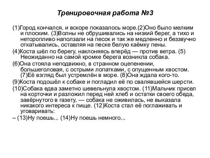 Тренировочная работа №3 (1)Город кончался, и вскоре показалось море.(2)Оно было мелким и