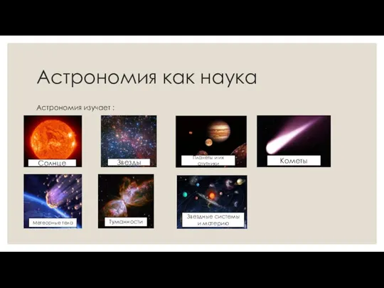 Астрономия как наука Астрономия изучает : Солнце Звезды Планеты и их спутники