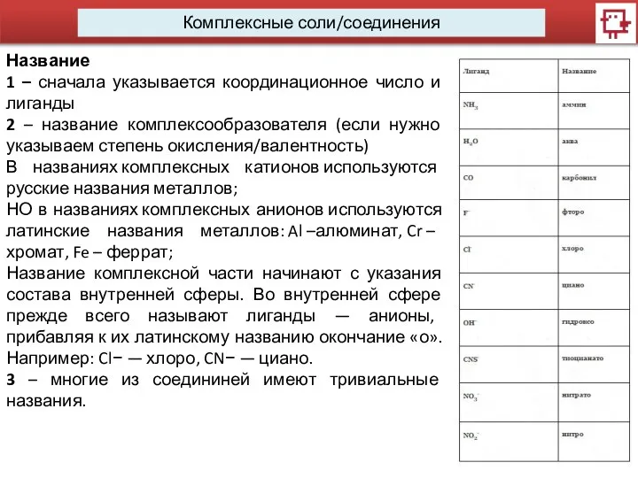 Комплексные соли/соединения Название 1 – сначала указывается координационное число и лиганды 2