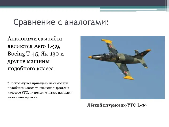 Аналогами самолёта являются Aero L-39, Boeing T-45, Як-130 и другие машины подобного
