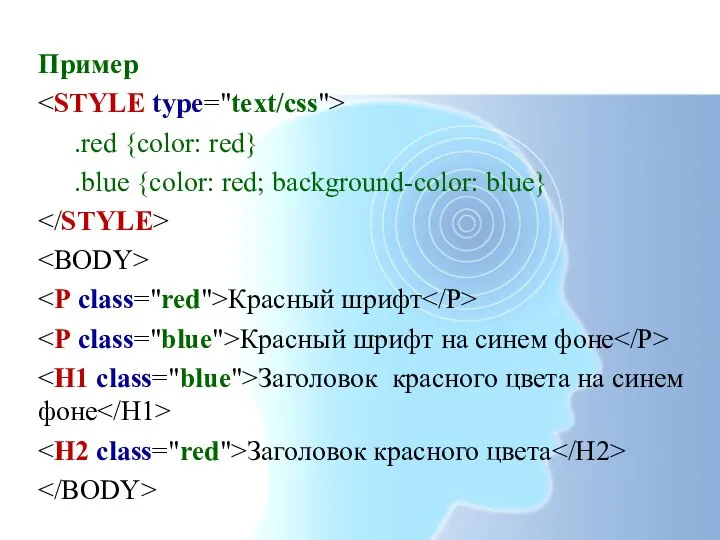 Пример .red {color: red} .blue {color: red; background-color: blue} Красный шрифт Красный