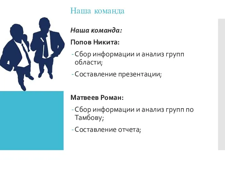 Наша команда: Попов Никита: Сбор информации и анализ групп области; Составление презентации;