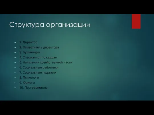 Структура организации 1. Директор 2. Заместитель директора 3. Бухгалтеры 4. Специалист по