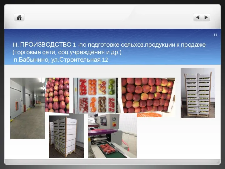 III. ПРОИЗВОДСТВО 1 -по подготовке сельхоз.продукции к продаже (торговые сети, соц.учреждения и др.) п.Бабынино, ул.Строительная 12