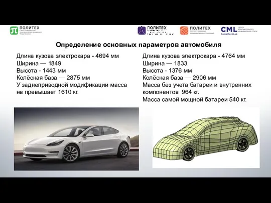 Определение основных параметров автомобиля Длина кузова электрокара - 4694 мм Ширина ―
