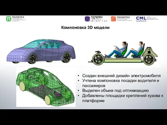 Компоновка 3D модели Создан внешний дизайн электромобиля Учтена компоновка посадки водителя и