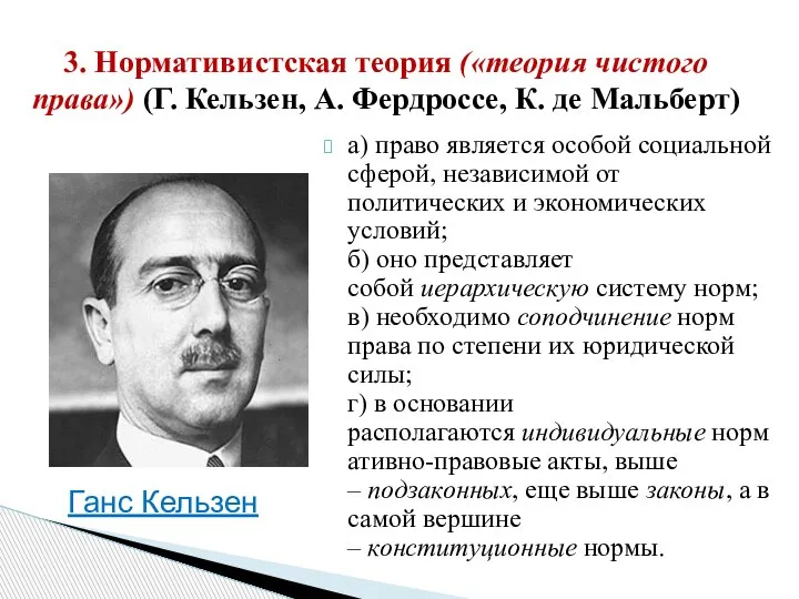 3. Нормативистская теория («теория чистого права») (Г. Кельзен, А. Фердроссе, К. де