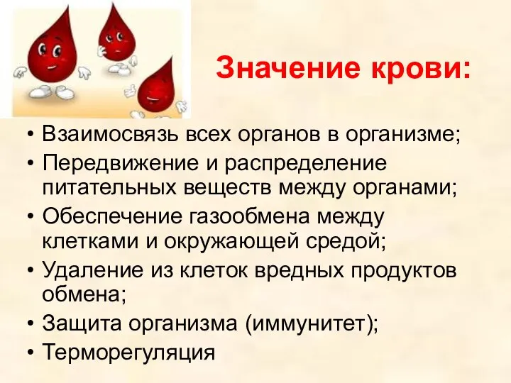 Значение крови: Взаимосвязь всех органов в организме; Передвижение и распределение питательных веществ