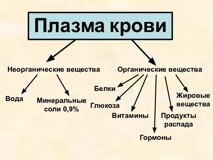 Неорганические вещества Органические вещества Вода Минеральные соли 0,9% Белки Глюкоза Витамины Гормоны