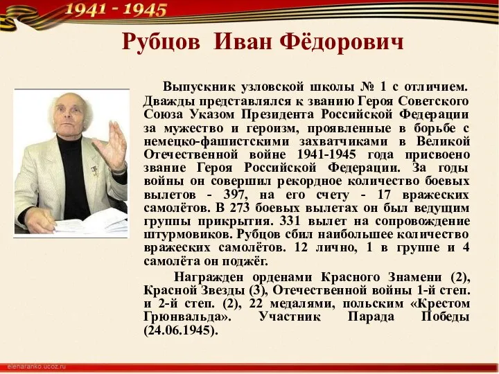 Рубцов Иван Фёдорович Выпускник узловской школы № 1 с отличием. Дважды представлялся