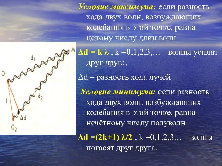 Условие максимума: если разность хода двух волн, возбуждающих колебания в этой точке,