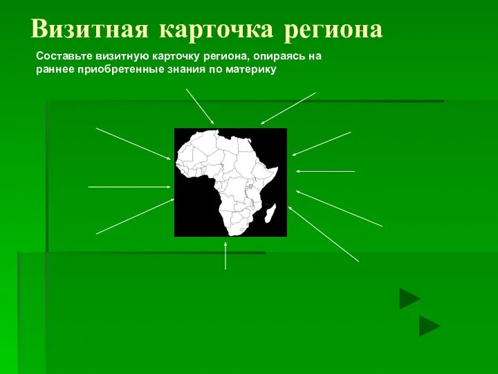 Визитная карточка региона Составьте визитную карточку региона, опираясь на раннее приобретенные знания по материку