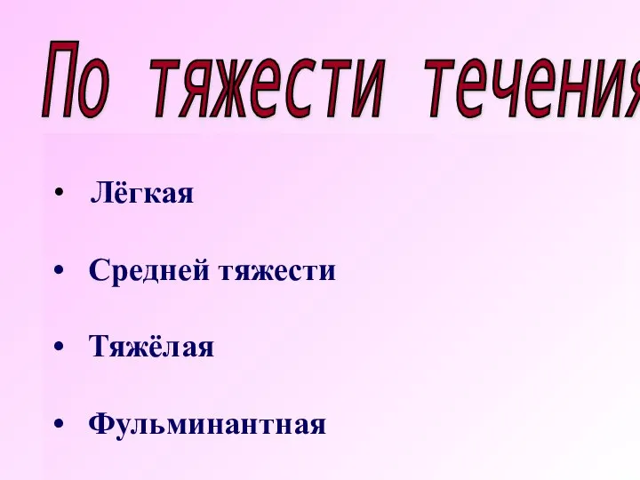 По тяжести течения: Лёгкая Средней тяжести Тяжёлая Фульминантная