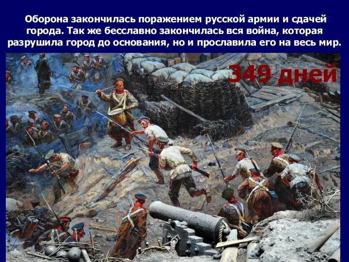 Оборона закончилась поражением русской армии и сдачей города. Так же бесславно закончилась