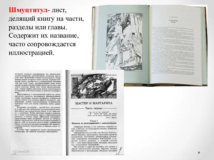 Шмуцтитул- лист, делящий книгу на части, разделы или главы. Содержит их название, часто сопровождается иллюстрацией.