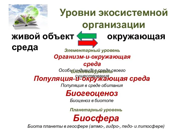 Уровни экосистемной организации живой объект окружающая среда Элементарный уровень Организм-и-окружающая среда Особь