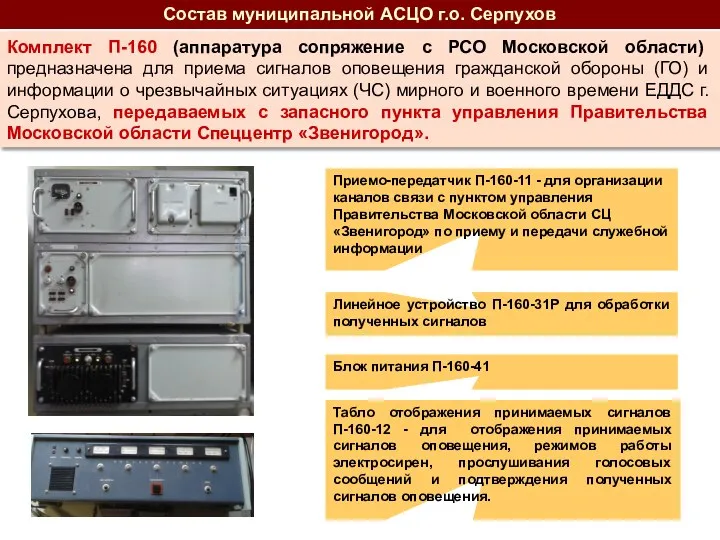 Комплект П-160 (аппаратура сопряжение с РСО Московской области) предназначена для приема сигналов