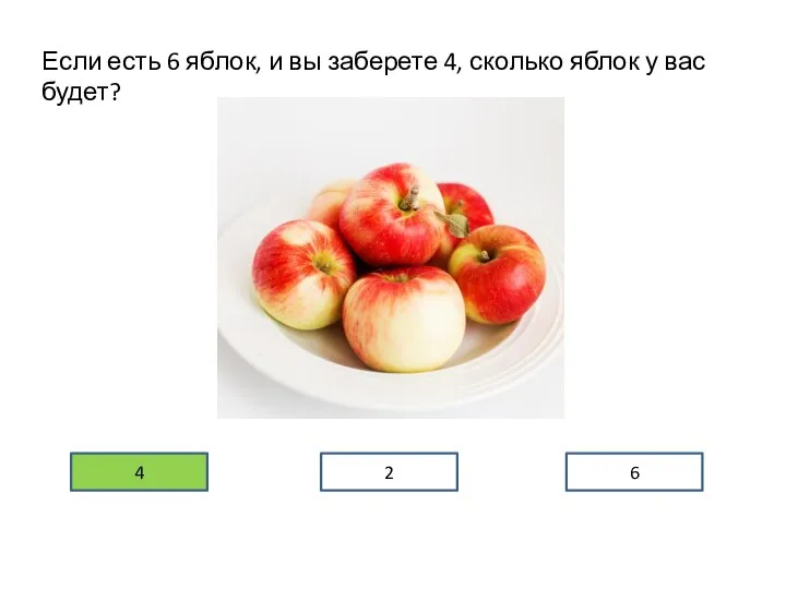 Если есть 6 яблок, и вы заберете 4, сколько яблок у вас будет? 4 2 6