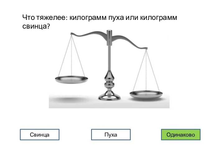 Что тяжелее: килограмм пуха или килограмм свинца? Свинца Пуха Одинаково