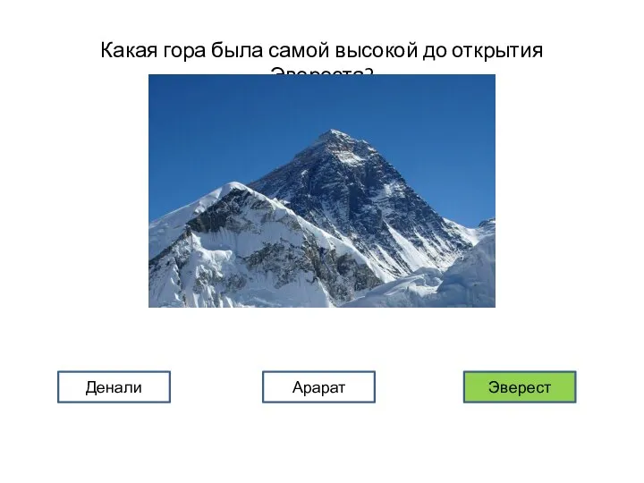 Какая гора была самой высокой до открытия Эвереста? Денали Арарат Эверест