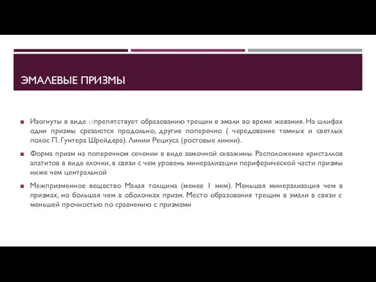 ЭМАЛЕВЫЕ ПРИЗМЫ Изогнуты в виде s (препятствует образованию трещин в эмали во