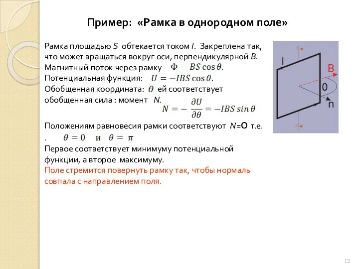 Пример: «Рамка в однородном поле» Рамка площадью S обтекается током I. Закреплена