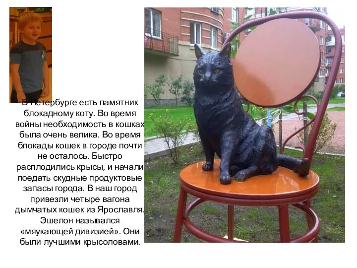В Петербурге есть памятник блокадному коту. Во время войны необходимость в кошках