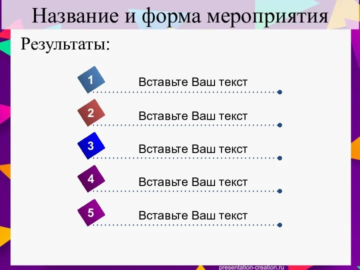 Название и форма мероприятия 4 Вставьте Ваш текст 1 2 3 5