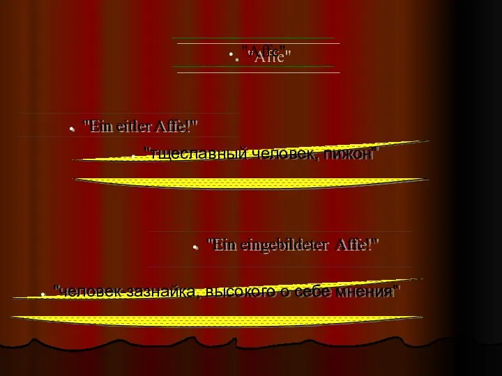 "Affe" "Ein eitler Affe!" "Ein eingebildeter Affe!" "тщеславный человек, пижон" "человек-зазнайка, высокого о себе мнения"