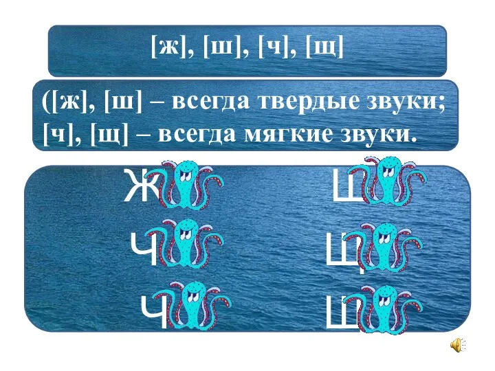 [ж], [ш], [ч], [щ] ([ж], [ш] – всегда твердые звуки; [ч], [щ]