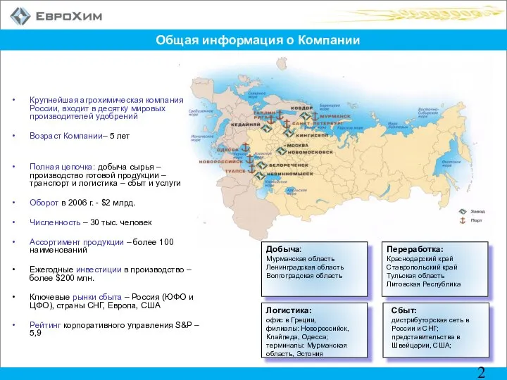 Общая информация о Компании Крупнейшая агрохимическая компания России, входит в десятку мировых