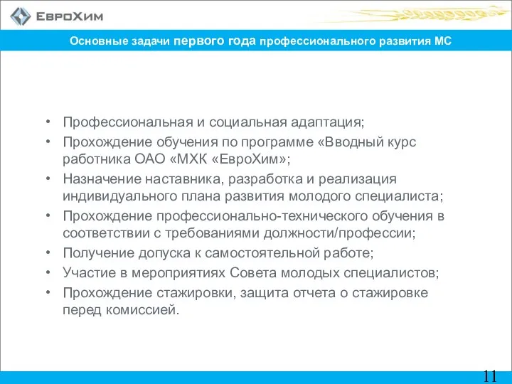 Основные задачи первого года профессионального развития МС Профессиональная и социальная адаптация; Прохождение