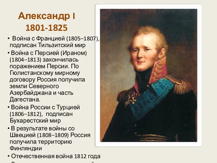 Александр I 1801-1825 Война с Францией (1805–1807), подписан Тильзитский мир Война с