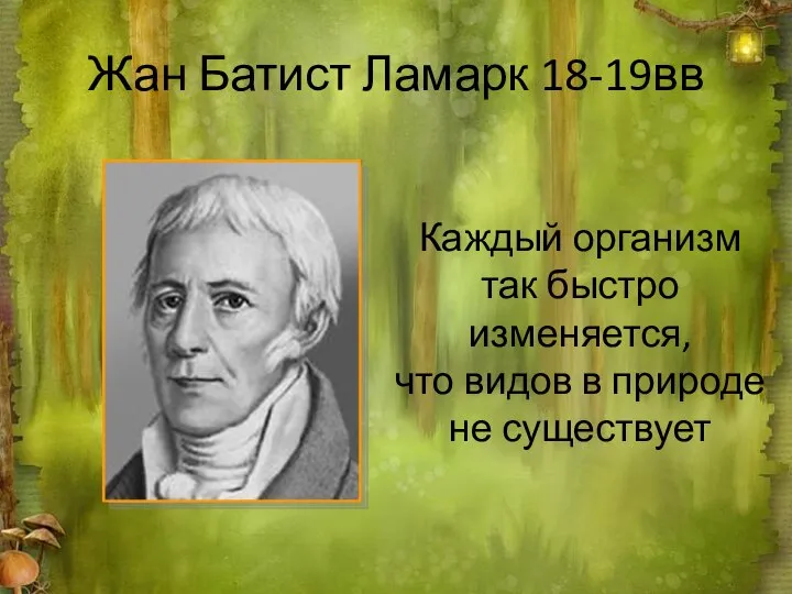 Жан Батист Ламарк 18-19вв Каждый организм так быстро изменяется, что видов в природе не существует