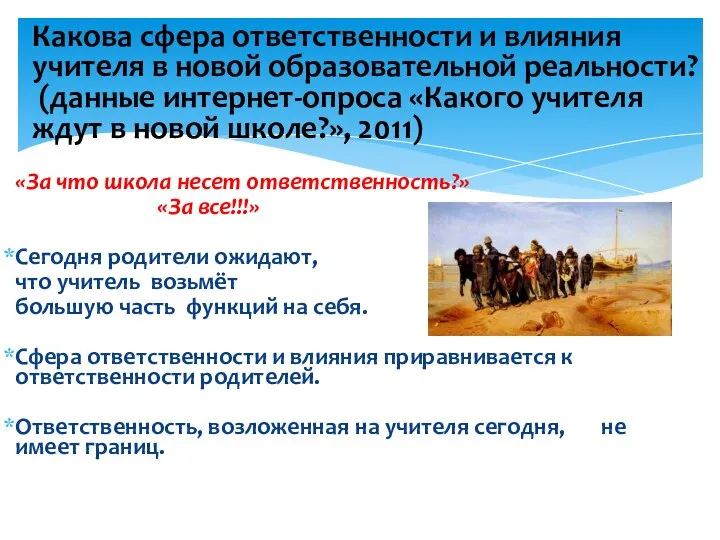 «За что школа несет ответственность?» «За все!!!» Сегодня родители ожидают, что учитель