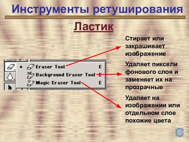 Инструменты ретуширования Инструменты ретуширования Ластик Стирает или закрашивает изображение Удаляет пиксели фонового