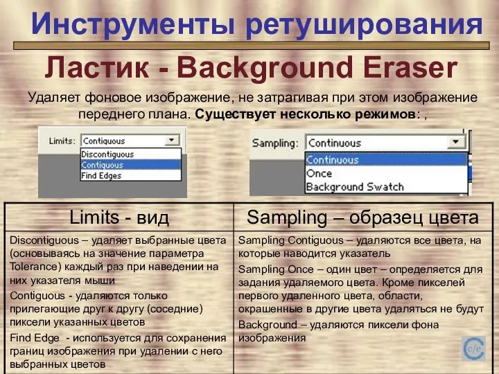 Инструменты ретуширования Инструменты ретуширования Ластик - Background Eraser Удаляет фоновое изображение, не