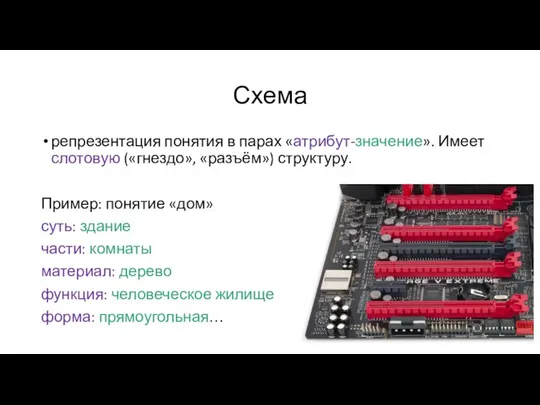 Схема репрезентация понятия в парах «атрибут-значение». Имеет слотовую («гнездо», «разъём») структуру. Пример: