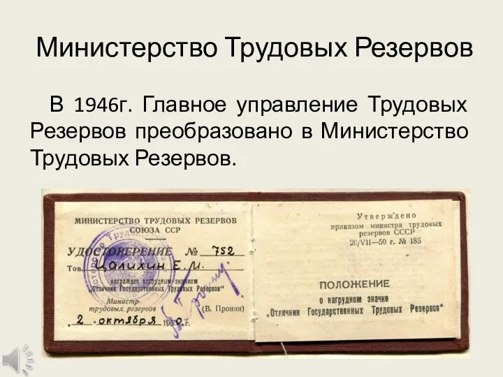 Министерство Трудовых Резервов В 1946г. Главное управление Трудовых Резервов преобразовано в Министерство Трудовых Резервов.