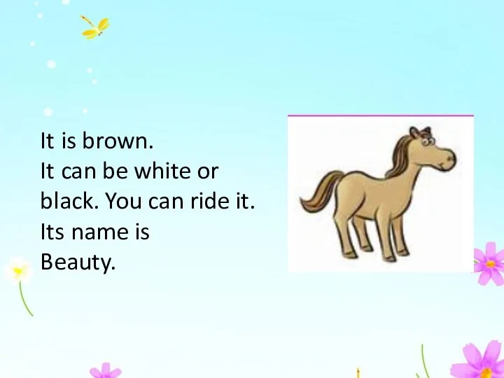 It is brown. It can be white or black. You can ride