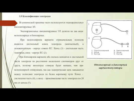 1.9 Классификация электродов В клинической практике часто используются эндокардиальные имплантируемые ЭЛ. Эндокардиальные