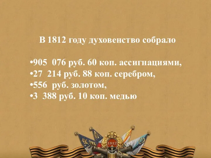 В 1812 году духовенство собрало 905 076 руб. 60 коп. ассигнациями, 27