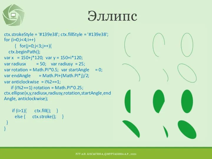 Эллипс ctx.strokeStyle = '#139e38'; ctx.fillStyle = '#139e38'; for (i=0;i { for(j=0;j ctx.beginPath();