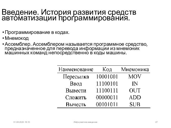 31.08.2020 16:10 Введение. История развития средств автоматизации программирования. Программирование в кодах. Мнемокод