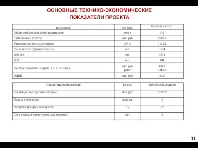 ОСНОВНЫЕ ТЕХНИКО-ЭКОНОМИЧЕСКИЕ ПОКАЗАТЕЛИ ПРОЕКТА 11