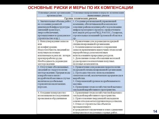 ОСНОВНЫЕ РИСКИ И МЕРЫ ПО ИХ КОМПЕНСАЦИИ 14