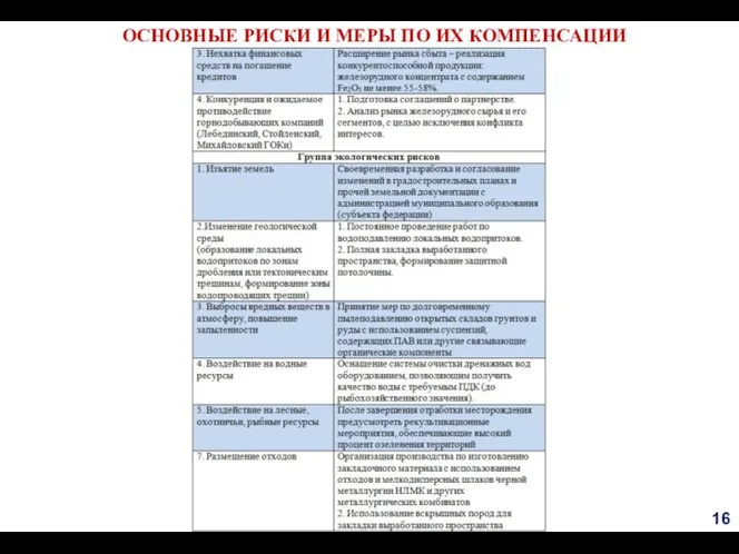 ОСНОВНЫЕ РИСКИ И МЕРЫ ПО ИХ КОМПЕНСАЦИИ 16