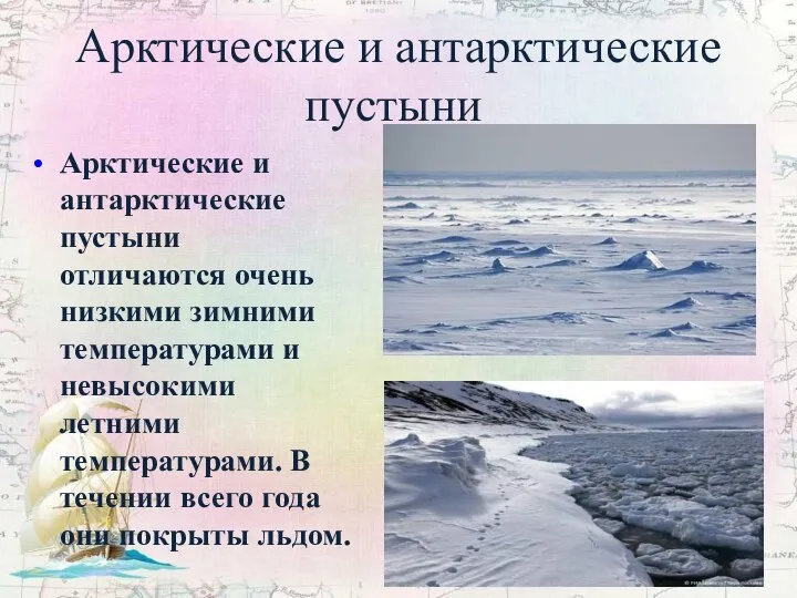 Арктические и антарктические пустыни. Арктические и антарктические пустыни отличаются очень низкими зимними