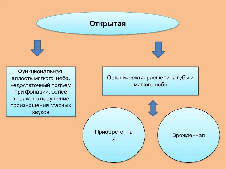 Открытая Функциональная- вялость мягкого неба, недостаточный подъем при фонации, более выражено нарушение